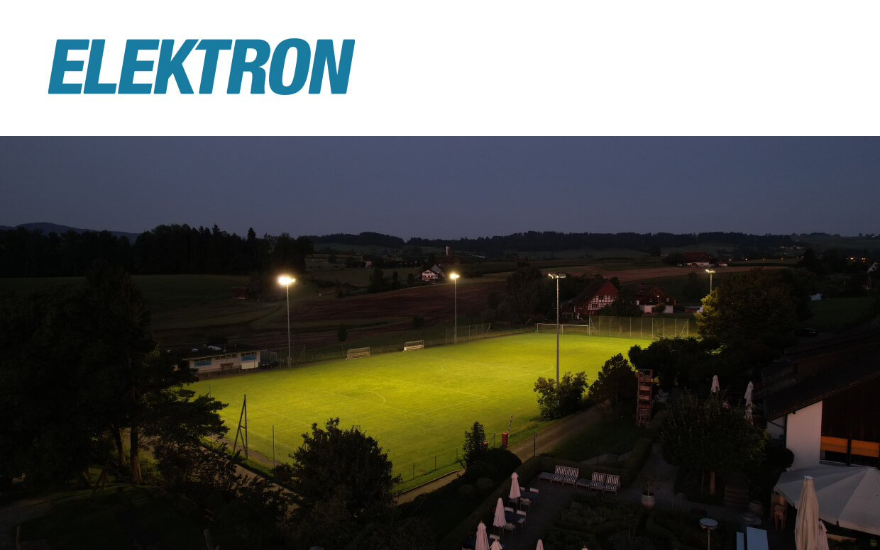 Abstrakte Darstellung der Webseite von der ELEKTRON AG mit eingeschaltender Fussballplatz-Beleuchtung.