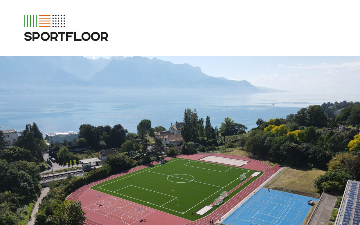 Représentation abstraite du site web de Sportfloor Ingénierie SA AG avec un terrain de foot et un lac.
